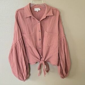 Dress Up Peach Cotton Gauze Balloon Sleeve Button Down Shirt - Size Medium